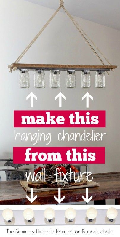 That yucky old vanity light never looked so good! Turn it into a rustic hanging chandelier. Diy Luminaire, Diy Lampe, Diy Chandelier, Hanging Chandelier, Deco Luminaire, Rustic Lighting, Diy Desk, Hanging Pendant Lights, Let There Be Light