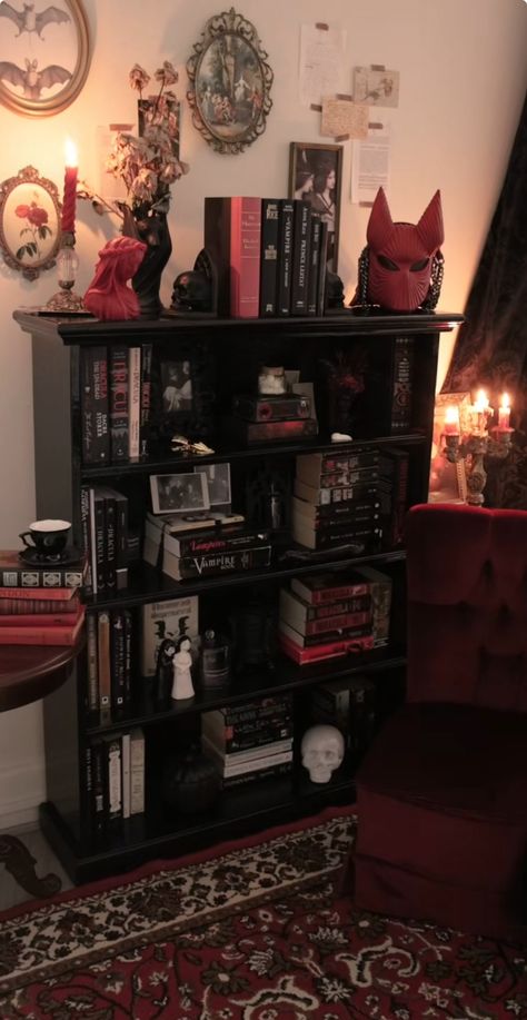 Room Ideas Goth Aesthetic, Black Bookcase Aesthetic, Vampire Aesthetic Home Decor, Goth Bookshelf Aesthetic, Goth Bookcase, Goth Shelf Decor, Gothic Bookshelf Aesthetic, Gothic Bookshelf Decor, Goth Reading Nook