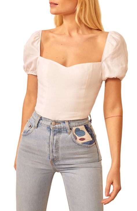 Reformation | Nordstrom Sweetheart Neckline Top, Cute White Tops, Sweetheart Top, Western Tops, Causual Outfits, The Low, Puffed Sleeves, Fashion 2020, Looks Vintage