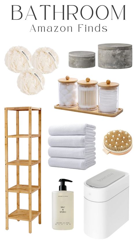 amazon bathroom finds, 5 tier bamboo shelf, bathroom aesthetic, microfiber oversize quick dry lint free bath towels, 2 grey round decorative cement boxes and lids, salt & stone body wash, seaweed infused bath shower loofah, brushing body brush, cotton swab holder, bathroom containers, automatic infrared motion sensor trash can with lid #affiliate #bathroomideas #amazon Loofah Storage Ideas, Bamboo Bathroom Shelf, Cute Shower Aesthetic, Bathroom Bamboo Decor, Aesthetic Towels, Towels In Bathroom Decorative, Bathroom Amazon Finds, Stone Bathroom Accessories, Amazon Bathroom Finds