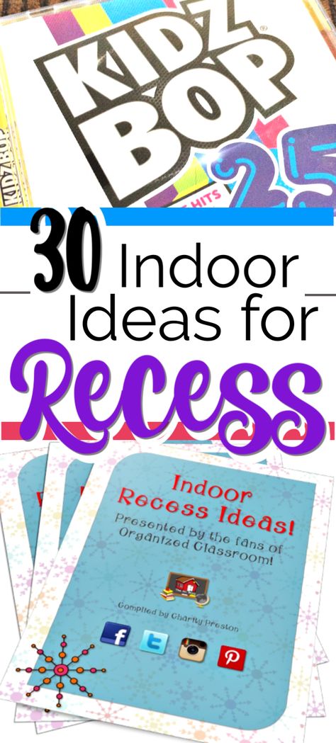 Thanks so much to all the Organized Classroom’s Facebook fans for sharing 30 ideas for what they do during indoor recess! Stop by and grab your freebie! #classroomrecess #indoorrecess Indoor Recess Kindergarten, Indoor Classroom Activities, Indoor Recess Ideas, Recess Activities, Pe Ideas, Organized Classroom, Indoor Recess, Classroom Games, Kindergarten Teaching