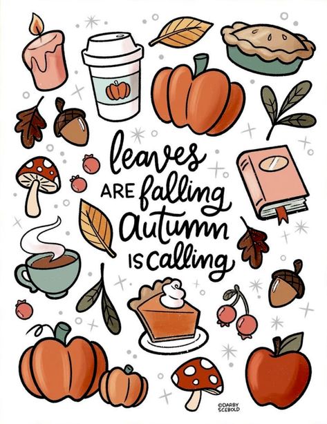 Darby Scebold illustration Drawing Ideas Fall Aesthetic, Fall Inspo Drawing, October Cute Drawings, Thanks Giving Drawings Ideas Easy, November Aesthetic Drawings, September Drawing Ideas, September Aesthetic Drawing, October Aesthetic Drawing, Fall Doodles Aesthetic