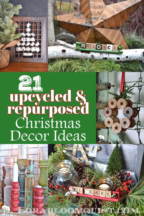 Upcycled and repurposed vintage junk finds make unique and creative Christmas home decor. Here are 21 crafting and DIY project ideas to inspire your creative ideas. Vintage Window Christmas Ideas, Upcycle Ornaments, Upcycled Christmas Decorations, Mattress Spring Crafts, Vintage Repurposed Items, Vintage Christmas Diy, Junk Decor, Decor Ideas For Christmas, Upcycled Christmas