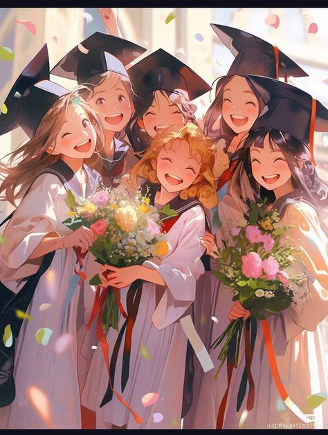 Manga Group Friends, Anime Best Friends Group, Group Of Friends Illustration, Anime Friends Group, Anime Graduation, Anime Group Of Friends, 00s Anime, Aesthetic Pfp Anime, Anime Girlboss