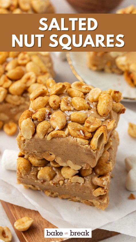 Five ingredients are all you need to make Salted Nut Squares. These marshmallow peanut butter bars are a great no-bake, sweet and salty treat! No Bake Cookie Butter Bars, Salted Peanuts Recipes, Peanut Bars Recipe, Peanut Squares Recipe, Bars With Marshmallows, Peanut Squares, Marshmallow Peanut Butter, Cookie Butter Bars, Peanut Bars