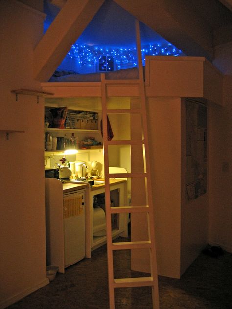 the only thing I love more than the lights, the ladder and the creative use of space... is that this person is a CAT OWNER!! (note the literbox under the sink!?!) Gömda Rum, Casa Hobbit, Design Ložnic, Tiny Kitchen, Awesome Bedrooms, Cozy Nook, House Room, Cool Beds, Room Ideas Bedroom