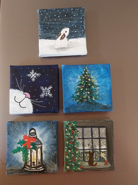 Painting Ideas For New Year, Christmas Easy Canvas Painting, Christmas Mini Painting Ideas, Christmas Mini Canvas Ideas, January Painting Ideas Canvases, Mini Canvas Art Winter, Simple Xmas Paintings, Christmas Drawing On Canvas, Christmas Small Canvas Paintings