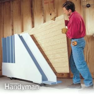 A handy storage rack that lets you get at the plywood sheet you need! Lumber Storage Rack, Plywood Storage, Lumber Rack, Lumber Storage, Garage Storage Racks, Garage Storage Ideas, Garage Shed, Shop Projects, Shop Organization