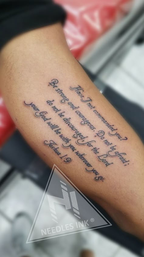 Bible Verse Tattoo Cursive, Bible Verse Bicep Tattoo, Bible Text Tattoo, God Scriptures Tattoo, Joshua 1 9 Tattoo Men, Bible Script Tattoo, Arm Script Tattoos For Women, Bible Scriptures Tattoos For Men, Bible Verse Tattoos For Women On Arm