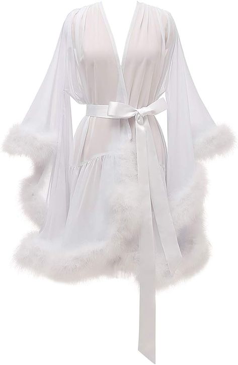 Molisa Short Chiffon Bridal Feather Robe Sheer Lingerie Bathrobe Sleepwear Nightgown Wedding Robes Light Blue XL : Amazon.ca: Clothing, Shoes & Accessories Robe With Fur, Feather Bridal Robe, Cute Pajama Outfits, Fancy Robes, Bridal Dressing Gown, Night Gown Dress, Lingerie Nightgown, Wedding Scarf, Sheer Robe