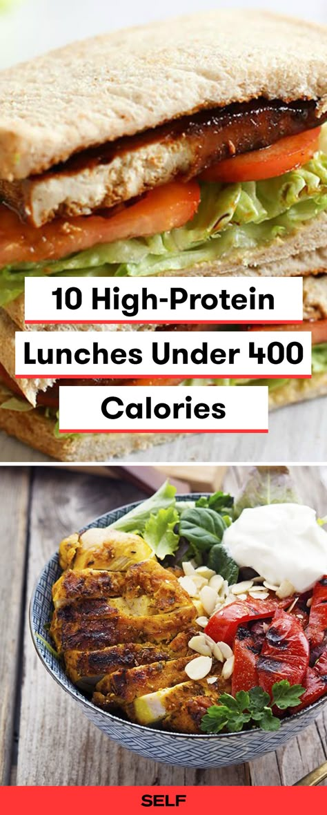 These low-calorie lunches are perfect for meal prep each week! There are vegan and vegetarian options too! These 10 tried and true lunchtime faves, from black bean quesadillas to tofu "BLTs," bring the protein AND pack a ton of flavor. Plus, they're all under 400 calories. Try them out. High Protein Meal Prep Under 400 Calories, Low Cal Lunchbox Ideas, Healthy Low Cal High Protein Lunch, High Protein 400 Calorie Meals, Lunches Under 400 Cal, 400 Calorie Lunches For Work, High Protein Meals Under 400 Calories, 300 Calorie High Protein Meals, 300 Calorie Lunch Ideas