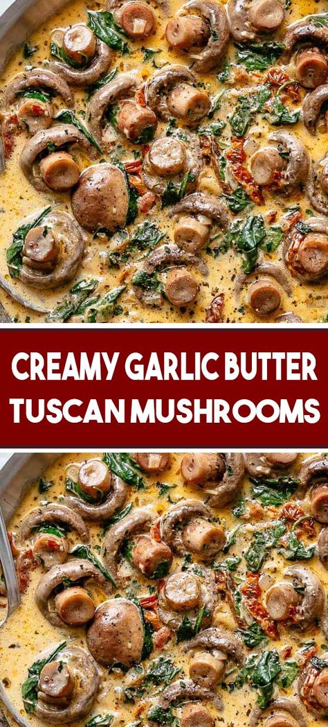 Creamy Garlic Butter Tuscan Mushrooms Tuscan Mushrooms, Steak Toppings, Tuscan Chicken Recipe, Mushroom Medley, Mushroom Side Dishes, Creamy Tuscan Garlic Chicken, Classic Turkey, Creamy Garlic Mushrooms, Steak And Mushrooms