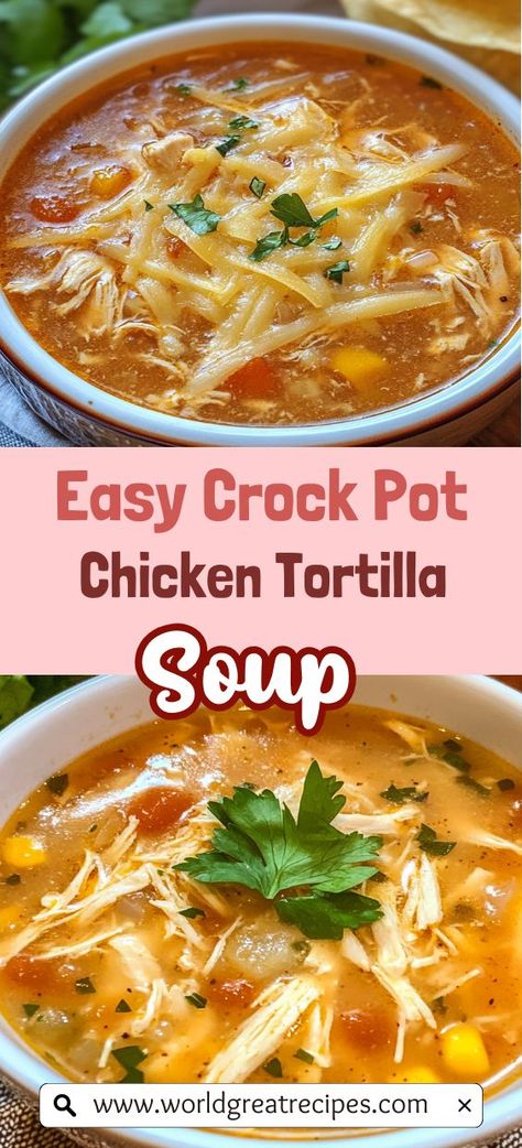 Enjoy a bowl of Healthy and Flavorful Chicken Tortilla Soup made right in your crock pot! This recipe is a delightful blend of lean chicken, fresh veggies, and savory spices, all simmered to perfection. It's perfect for meal prep and can be stored for days, allowing you to savor its deliciousness throughout the week. Top it off with freshly chopped cilantro or crumbled cheese for an extra layer of flavor. Make this nourishing soup your go-to recipe for easy, healthy dinners! Soup Crock Pot Easy, Tortilla Soup Crock Pot, Tuna Healthy, Crock Pot Chicken Tortilla Soup, Sides Healthy, Zucchini Healthy, Broccoli Healthy, Healthy Chicken Tortilla Soup, Recipes Tuna