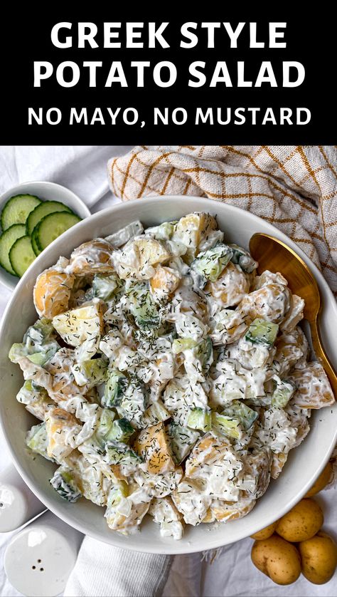 This recipe for Mediterranean potato salad is made with no mayo and no mustard. Golden potatoes get tossed in a creamy greek yogurt tzatziki sauce that's perfect for sharing! #potatosalad #healthy #greekyogurt #tzatziki Potato Salad Mediterranean, Healthy Potato Salad Greek Yogurt, Taziki Potatoes, Greek Style Potato Salad, Greek Potatoes Salad, Greek Yogurt Potato Salad, Mediterranean Potato Salad, Mediterranean Potato Recipes, Potato Salad Greek Yogurt