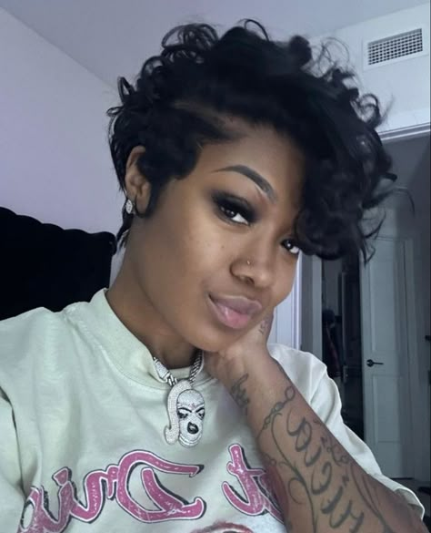 27 Piece Hairstyles Pixie Cuts Quick Weave, Pixie Haircut For Black Women Curly, Short Fade Haircut For Women, Colored Short Hair, Pixie Cut Quick Weave Black Women, Curly Pixie Cuts Black Women, Pixie Cut Black Women, Pixie Haircut For Black Women, Black Hair Protective Styles