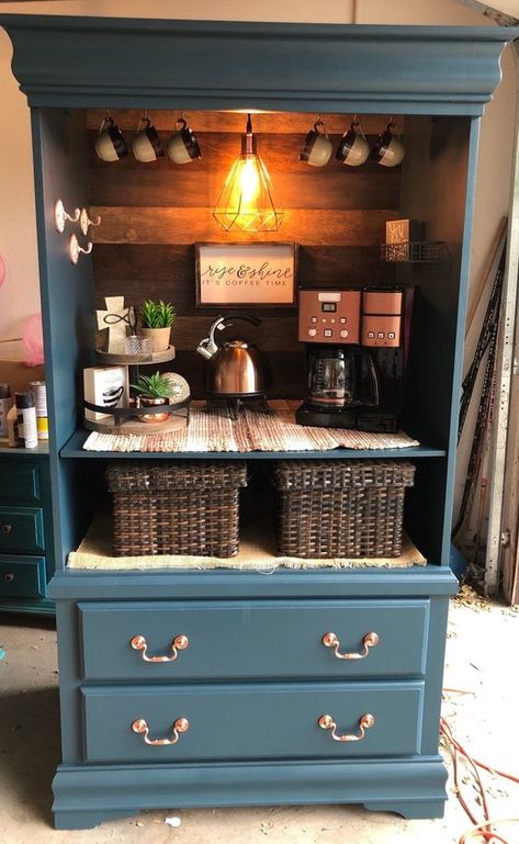 Armoire Coffee Bar, Diy Coffee Bar, Coffee Bar Design, Diy Home Bar, Coffee Stations, Coffee Bars In Kitchen, Coffee Nook, Coffee Bar Ideas, Coffee Bar Home