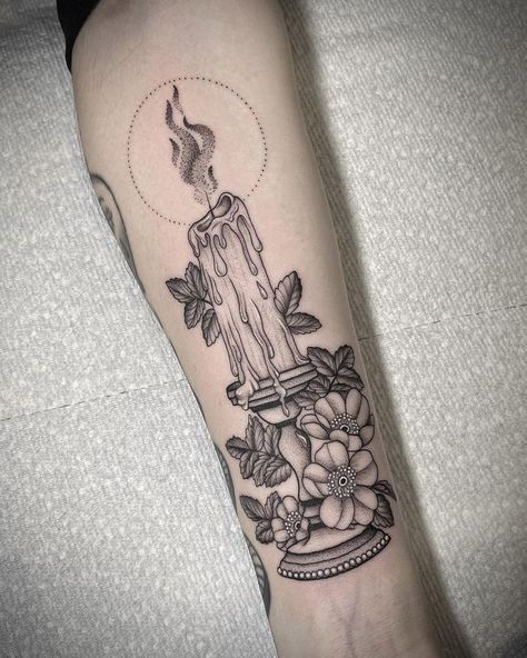 Candle Stick Tattoo Traditional, Candle Arm Tattoo, Candle Tattoo Ideas, Candle Stick Tattoo Design, Dripping Candle Tattoo, Book And Candle Tattoo, Witch Candle Tattoo, Tattoo Window Display, Black And Grey Candle Tattoo