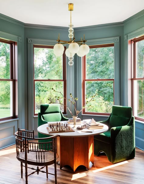 Discover This Transformed Hudson Valley Victorian | Architectural Digest Blue Painted Walls, Kitchen Suite, Game Tables, Modern Victorian, Style Deco, Game Table, Oak Floors, Residential Interior, Breakfast Nook