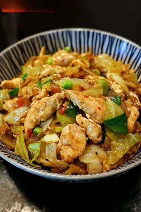 Savor the flavors of this healthy and delicious Chinese Chicken Cabbage Stir-Fry! Tender chicken, crisp cabbage, and vibrant veggies come together in a savory, umami-packed sauce for a quick meal that’s perfect for busy nights. Need dinner ideas? Save this recipe now #stirfry #chickenrecipes #asianflavors #quickmeals #healthyrecipes #cabbagerecipes #weeknightdinner #homemadechinese #onepanmeals #mealprep Chicken And Cabbage Recipes, Cabbage Chicken Stir Fry, Cabbage Chicken, Cabbage Recipes Healthy, Chicken Cabbage, Chicken Chinese, Dude Food, Cabbage Stir Fry, Chicken And Cabbage