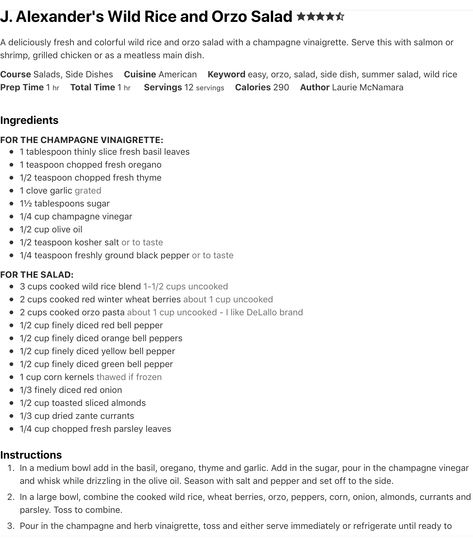 J Alexander Orzo And Wild Rice Salad, J Alexanders Orzo And Wild Rice, J Alexander, Mediterranean Foods, Champagne Vinaigrette, Wild Rice Salad, Basil Vinaigrette, Champagne Vinegar, Vinaigrette Salad