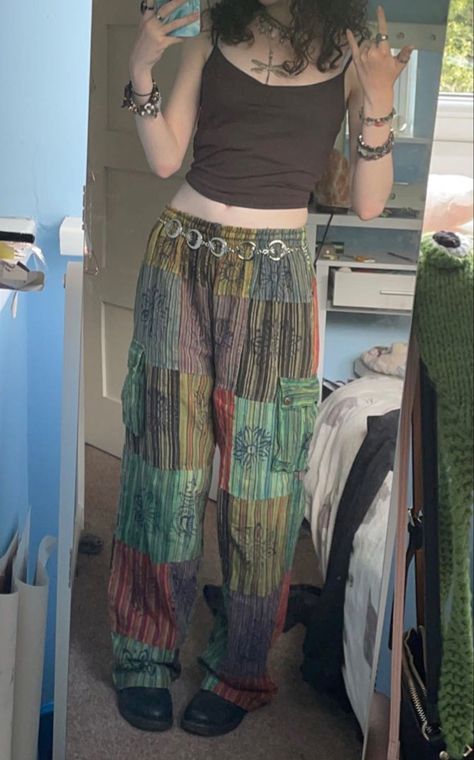 vintage brown cami top, hippie patchwork trousers, whimsigoth moon belt, silver jewellery, doc martens Hippy Pants Outfit, Patchwork Pants Diy, Patchwork Pants Outfit, Fairycore Pants, Whimsigoth Moon, Brown Cami Top, Moon Belt, Hippie Trousers, Harem Pants Outfit