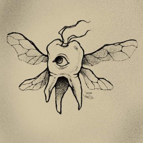 illustration of a tooth with wings and an eye Sketchbook Art, Sketchbook Art Inspiration, I Forgot, A Pencil, Drawing Inspo, Tattoo Inspo, Tattoos And Piercings, Art Stuff, Tattoo Design