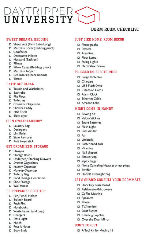 College Dorm Checklist — Daytripper University University Shopping List, Checklist University, University Room Ideas, University Checklist, University Supplies, University Bedroom, College Dorm List, University Ideas, Dorm List