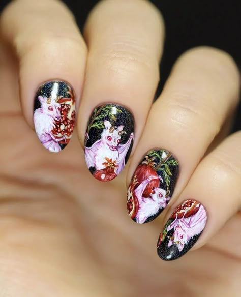 Baphomet Nails, Pomegranate Nails, Bats Cute, Bat Nails, Fruit Nail Art, Spooky Nails, Witchy Nails, Halloween Acrylic Nails, Grunge Nails