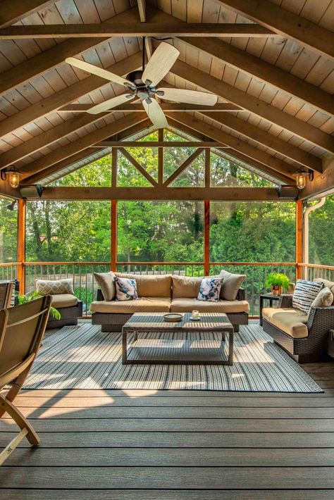 This stunning porch features solid-sawn Douglas Fir lumber. Screened Porch Addition, Deck Addition, Screened Porch Designs, Screened In Deck, Porch Addition, Deck Designs Backyard, Screened In Patio, Backyard Porch, Living Modern