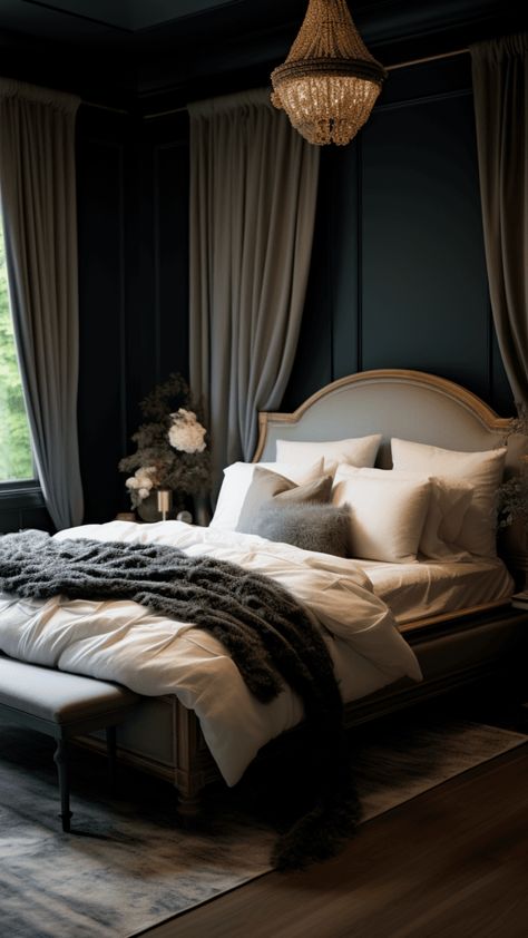 A moody bedroom, with its carefully chosen colors, lighting, furniture, and textiles, offers more than just a visually appealing space. Check out these 35 Moody Romantic Bedroom Ideas for your home interior. Moody Chic Bedroom, Dark Moody Romantic Bedroom, Black Romantic Bedroom, Sensual Bedroom Decor, Romantic Bedrooms For Couples, Couple Bedroom Decor Ideas, Bedroom Romance, Moody Bedrooms, Bedroom Ideas For Couples Romantic