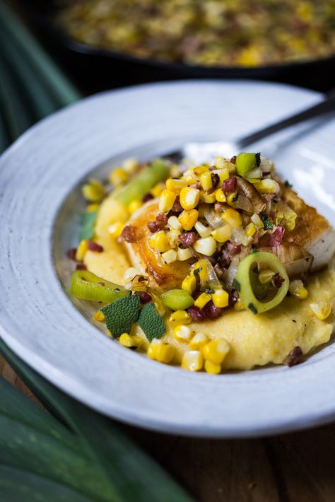 A simple delicious recipe for Halibut with corn, pancetta and sage, served over a "lightened-up" creamy polenta. And the best part is it can be made un under 30 minutes! | www.feastingathome.com Fish Taco Salad, Fish Entrees, Feasting At Home, Seared Fish, Halibut Recipes, Polenta Recipes, Creamy Polenta, Seafood Entrees, Easy Salmon Recipes