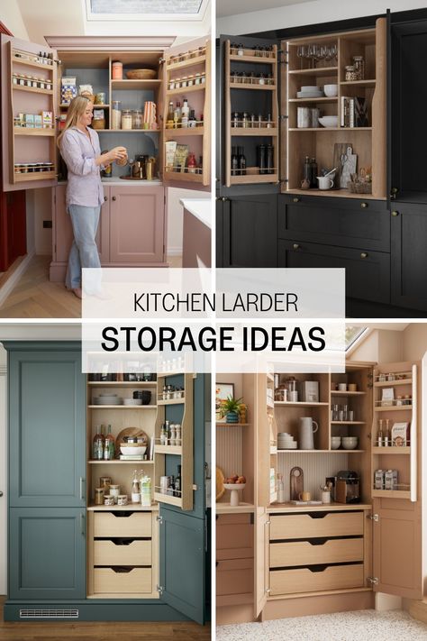 Create a showstopping larder storage centrepiece with accessories that elevate any kitchen scheme. From walk-in pantries to pull-out options for compact spaces, larder storage ideas offer solutions for storing everything from crockery to cookware and spices. These designs keep your cooking area tidy, with appliances neatly tucked away behind the cupboard door. Whether you’re customising to fit your layout or opting for a pre-fitted option, a larder pantry adds a unique touch to any home. Kitchen Pull Out Larder Cupboard, Larder Unit Ideas, Larder Cabinet Kitchen, Larder Cupboard Organisation, Kitchen Larder Ideas, Pantry Cupboard Ideas Small Spaces, Larder Cupboard Ideas Walk In, Pull Out Larder Cupboard, Kitchen Larder Cupboard Ideas