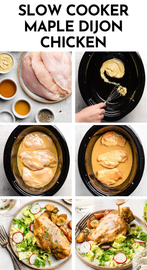 Slow Cooker Maple Dijon Chicken - This simple crock pot recipe uses boneless, skinless chicken breasts or chicken thighs for a cozy weeknight dinner. Mix this easy, creamy mustard sauce together right in the bowl of your slow cooker, then cook! When you’re ready for family dinner, serve this chicken whole or shredded with your favorite salad, pasta, rice, roasted broccoli, or mashed potatoes. Use bone-in chicken if you like! One of our favorite dairy-free meals. Crock Pot Dijon Chicken, Mustard Chicken Slow Cooker, Maple Mustard Chicken Crockpot, Creamy Dijon Chicken Crock Pot, Maple Dijon Chicken Crockpot, Dijon Mustard Chicken Crockpot, Crockpot Dijon Chicken, Honey Dijon Chicken Crockpot, Slow Cooker Chicken Dairy Free