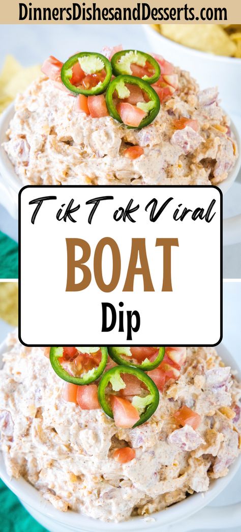 Boat dip is a cool, creamy taco dip inspired by the viral TikTok recipe! It's the perfect easy appetizer for your next summer BBQ or potluck. Viral Boat Dip, Easy Party Dips Crock Pots, Easy Cold Party Appetizers, Tiktok Boat Dip, Lunch Dips Easy Recipes, Taco Bar Dips, Favorite Dips Parties, Dip For Cookout, Easy Dips For Camping