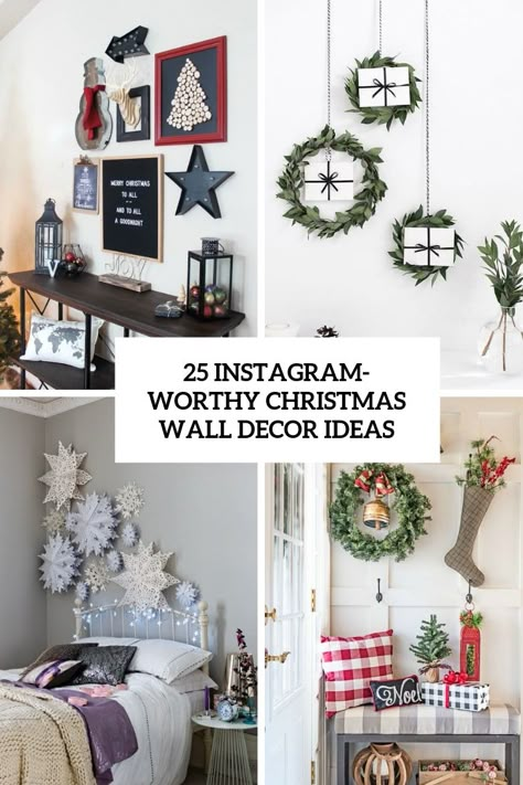 25 Instagram-Worthy Christmas Wall Decor Ideas Christmas Wreath Wall Decor Living Room, Wall Hanging Christmas Decorations, How To Decorate A Bare Wall For Christmas, Christmas Wall Decorating Ideas, Christmas Office Wall Decor, Large Wall Christmas Decorations, Seasonal Gallery Wall, Christmas Feature Wall, Christmas Decor For Blank Wall