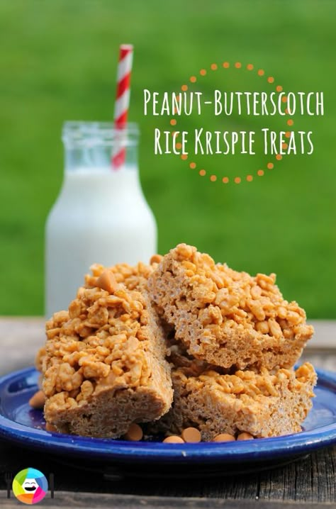 Peanut-butterscotch rice krispie treats Peanutbutter Butterscotch Rice Krispies, Butterscotch Peanut Butter Rice Krispies, Peanut Butter Butterscotch Rice Krispies, Butterscotch Rice Krispie Treats, Peanut Butter Rice Krispie Treats, Krispie Treats Recipe, Rice Recipes For Dinner, Cereal Treats, Rice Crispy Treats