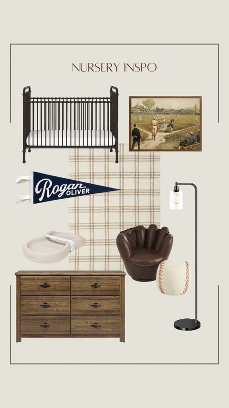 Neutral boy nursery 
Vintage boy nursery 
Vintage sports nursery Country Club Nursery, Vintage Nursery Ideas Boy, Sports Themed Nursery For Boys, Sandlot Nursery, Toddler Baseball Room, Boy Vintage Nursery, Baseball Nursery Baby Boy, Subtle Sports Nursery, All American Boy Nursery