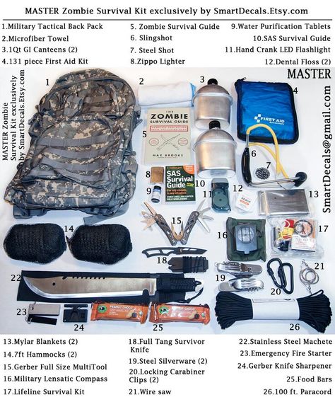 Survival kit Apocalypse Survival Kit, Zombie Survival Guide, Zombie Survival Kit, Doomsday Preppers, Bug Out Bags, Doomsday Prepping, Emergency Survival Kit, Survival Stuff, Zombie Survival