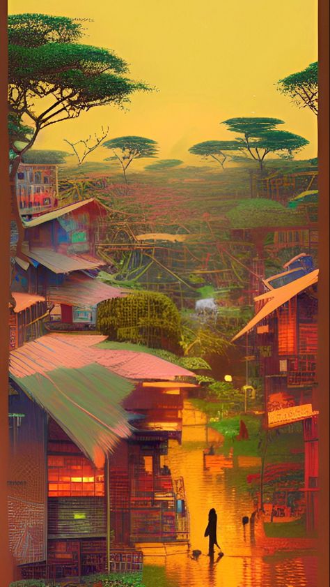 African Wallpaper Iphone, Nigerian Paintings, East African Aesthetic, African Aesthetic Wallpaper, African Art Wallpaper, Environmental Collage, African Culture Aesthetic, Somali History, African Landscape Painting