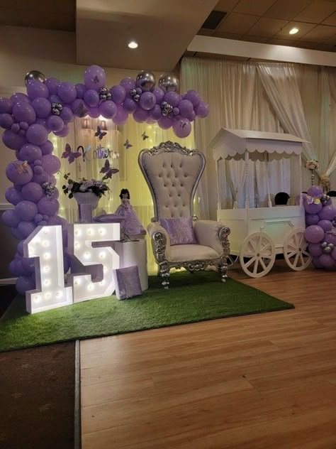 Lila Quinceanera Theme, Decorating Ideas For Quinceanera, Quince Decorations Balloons, Lilac Quinceanera Ideas Decor, Purple 15 Dresses Quinceanera With Butterflies, 15 Decorations Ideas Purple, Purple Quince Backdrop, Light Purple Butterfly Quince Theme, Kpop Quinceanera Theme