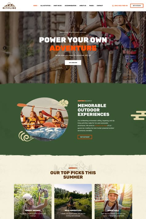 ActivLand is a WordPress theme designed specifically for websites related to outdoor activities, adventure sports, and recreational pursuits. Theme Park Website Design, Summer Camp Website, Park Website Design, Camp Website Design, Camping Website Design, Adventure Website Design, Outdoor Website Design, Outdoor Website, Monkey Walking