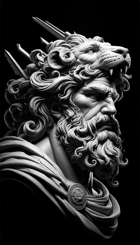 Greek Mythology Perseus, Ancient Greek Mythology Tattoos, Hercules Statue Tattoo, Greek God Concept Art, Greek Masculinity, Roman Gods Tattoo, Perseus Tattoo Design, Hercules Tattoo Design, Greek Sculpture Tattoo