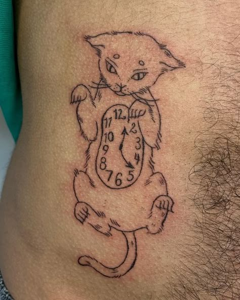 Vintage Cat Tattoo Ideas, Cat Tattoo Stomach, Cute Clock Tattoo, Cat Claw Tattoo, Weird Cute Tattoos, Weird Cat Tattoo, Back Cat Tattoo, Stretching Cat Tattoo, Clown Cat Tattoo