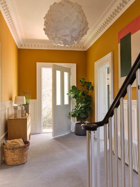 Dado Rail Hallway, Stairs And Landing Decor, Hallway Stairs And Landing, Bottom Of Stairs, Yellow Hallway, Hallway Decor Ideas, Bright Hallway, Upstairs Hallway Ideas, Mustard Yellow Walls