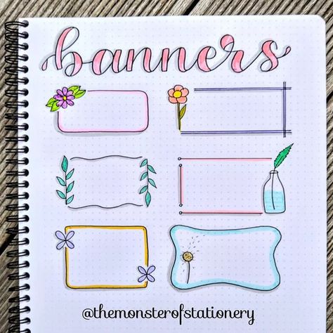 Journal Banner Design, Ideas For Decorating Notebooks, Bullet Journal Banners Headers, Title Box Design, Headings Design, Bujo Banners, Side Border Design For Project, Banner Ideas Design, Banners Drawing