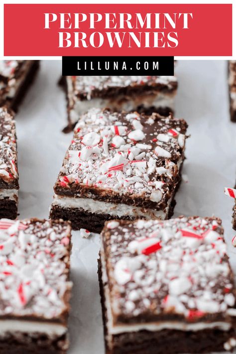 Beautifully layered peppermint brownies are fudgy and delicious with a dusting of crushed candy - they're perfect for the holidays! #peppermintbrownies #brownies #candycanebrownies #brownierecipe #peppermint #dessert Peppermint Cream Cheese Brownies, Brownies With Peppermint Frosting, Brownies With Andes Mints, Easy Christmas Brownie Recipes, Christmas Desserts Brownies, Peppermint Deserts, Unique Brownie Recipes, Easy Xmas Desserts, Christmas Brownies Ideas