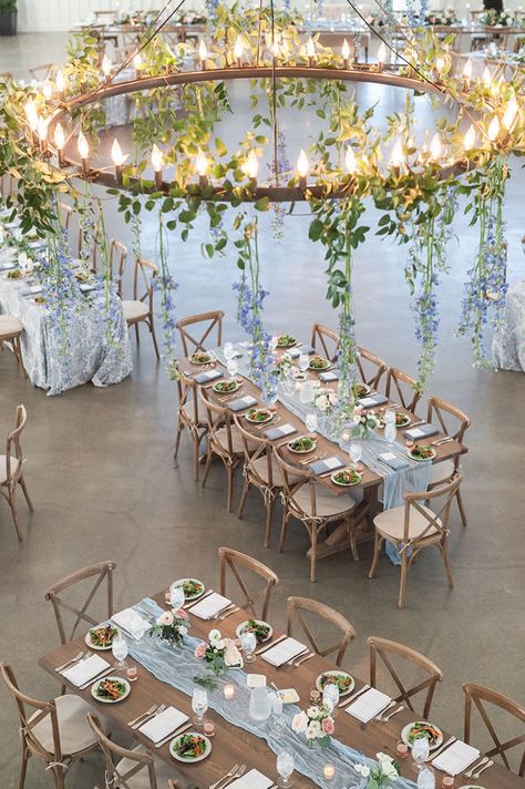 Rustic Glam Wedding Decor Reception Ideas, The Farmhouse Montgomery Texas, Flowers From Ceiling Wedding, Farmhouse Wedding Ideas, White Farmhouse Wedding, Dusty Blue Flowers, Powder Blue Wedding, Blue Wedding Receptions, Baby Blue Weddings