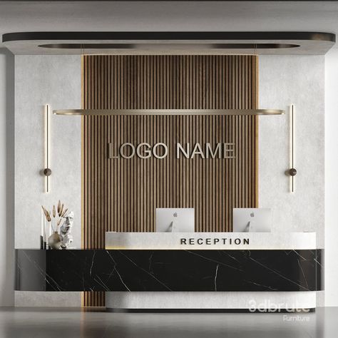 Reception Design 18 3d model Buy Download 3dbrute Office Reception Back Wall Design, Company Reception Design, Office Reception Wall Design, Industrial Interior Design Office, Company Reception, Modern Reception Desk Design, Reception Counter Design, Company Logo Wall, Reception Area Design