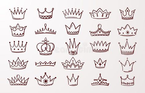 Hand drawn crown set. Sketch queen or king beauty doodle crowns. Vector vintage ink Jewel tiara isolated icons stock illustration Tiara Tattoo, Small Crown Tattoo, Crown Tattoos For Women, Bow Tattoo Designs, Crown Tattoos, Crown Drawing, Crown Tattoo Design, Doodle Borders, Queen Tattoo