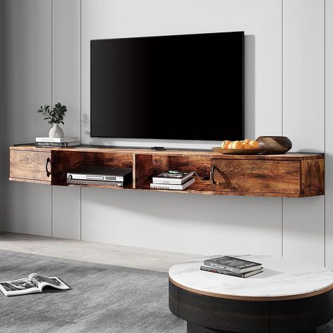 Amazon.com: FITUEYES Floating TV Stand Wall Mounted TV Shelf Entertainment Center Walnut Media Console with Doors Cabinet Modern Component for Storage Hutch Under TV for Home Living Room Office,Rustic Brown : Home & Kitchen Under Tv Cabinet, Wall Mount Tv Shelf, Hutch Desk, Tv Stand Wall, Wall Tv Stand, Wall Mount Tv Stand, Different Home Decor Styles, Hanging Tv, Floating Entertainment Center